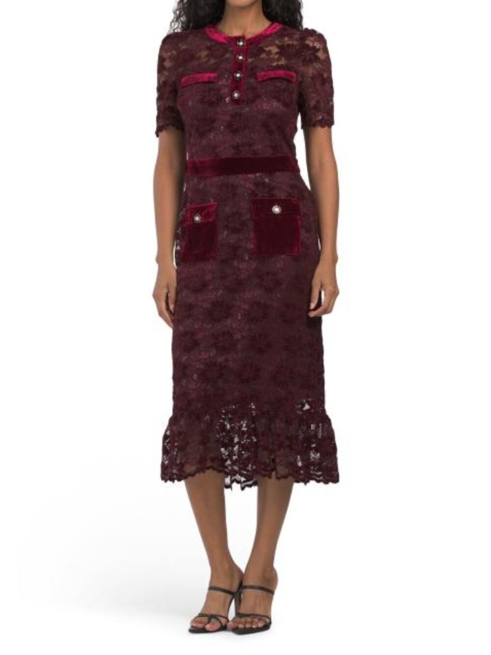 NVLT burgundy lace velvet dress